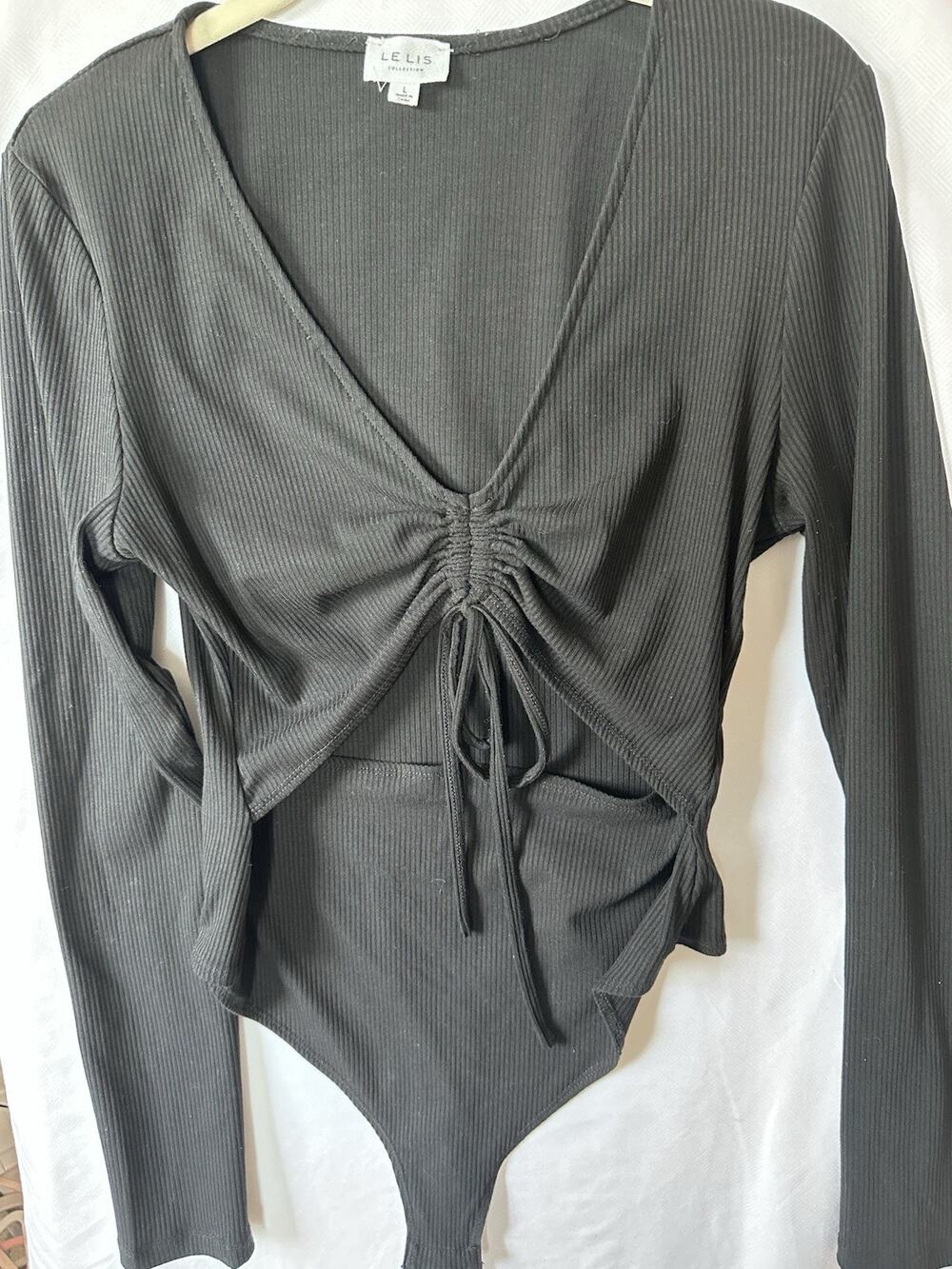 Le Lis Black Ribbed Cutout Bodysuit Women’s L Long Sleeve Ruched Tie Front
